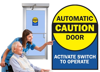 Caution Automatic Door Activate Switch To Operate Double Sided Decal - 25 Pack